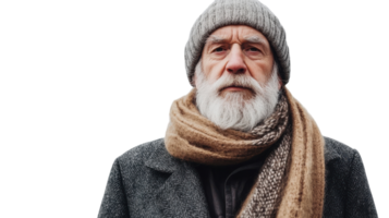 A Wisdom-filled Portrait of an Old Man in a Wool Coat with a Long Elegant Scarf, Perfect for Illustrating Stories of Age and Experience. png