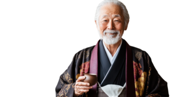 A Thoughtful Elderly Man Dressed in a Traditional Japanese Kimono, Perfect for Showcasing Cultural Heritage and Elegant Fashion in Your Projects. png
