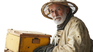 An elderly man clad in a beekeepers suit tending to his apiary, demonstrating the art of beekeeping while showcasing the importance of bees in our ecosystem and their role in agriculture.. png