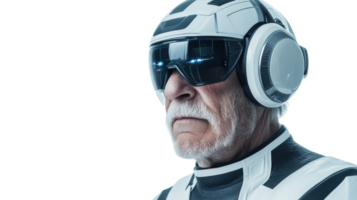 An old man wearing a futuristic robotic suit that represents a blend of technology and wisdom, showcasing how advanced technology can enhance the lives of seniors in our modern world.. png
