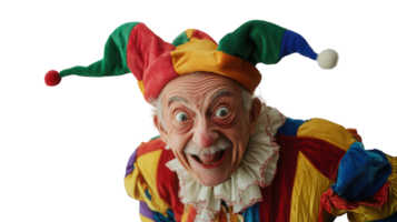 An Old Man in a Jester Costume Perfect for Celebrations and Theatrical Performances, Capturing a Whimsical and Playful Spirit in a Colorful Ensemble. png