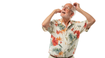 A lively and colorful portrait of an elderly man dressed in a vibrant tropical Hawaiian shirt, perfect for representing leisure and joyful moments at the beach or summer gatherings.. png