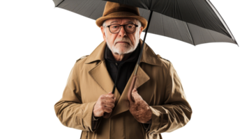 An old man in a classic trench coat carrying a briefcase, ideal for themes of nostalgia, wisdom, and the passage of time in various creative projects and storytelling.. png