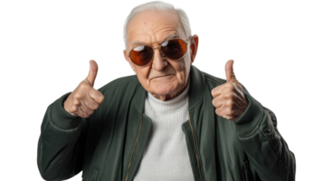 A Thoughtful Old Man Wearing Aviator Sunglasses Sitting Outside on a Sunny Day, Perfect for Illustrating Wisdom and Experience in Various Projects. png