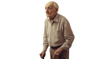 An Old Man with a Cane Wearing a Simple Button-Up Shirt, Ideal for Depicting Wisdom and Resilience in Various Contexts. png
