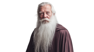 An old man with a long white beard wearing a traditional outfit sitting in a serene environment, perfect for themes of wisdom and tranquility.. png