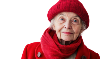 Captivating Portrait of an Elderly Woman Dressed in a Bright Red Scarf, Perfect for Emphasizing Warmth and Character in Various Projects. png