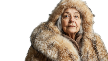 An Old Woman Dressed in a Glamorous Fur Coat Poses Elegantly Against a White Background, Perfect for Fashion and Lifestyle Visuals. png