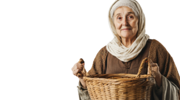 An old woman dressed in a traditional medieval peasant outfit stands proudly, showcasing the historical garment known for its durability and connection to life in the past centuries.. png