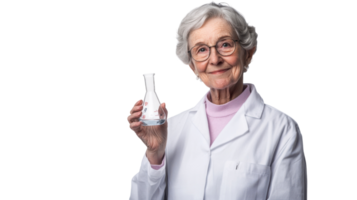 An old woman dressed in a scientist's lab coat, representing wisdom, experience, and dedication to scientific exploration and research in a modern laboratory environment.. png