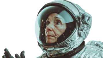 A Captivating Imagery of an Elderly Woman Dressed in a Shiny Metallic Spacesuit Perfect for Sci-Fi or Futuristic Themes in Design Projects. png