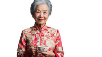 An Elegant Old Woman Wearing a Traditional Chinese Qipao Showcasing Cultural Heritage and Fashion Trends for Event Promotion and Use in Educational Materials. png