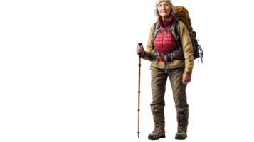 An elderly woman dressed in hiking gear confidently navigates through a scenic trail, showcasing determination and love for nature while using a walking stick to assist her on the journey.. png