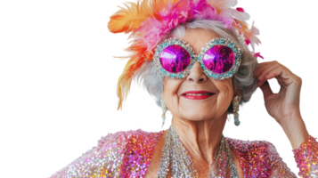 An old woman captured in a vibrant and sparkling showgirl costume, perfect for showcasing diversity in performance art and celebrating life at any age through visual storytelling.. png