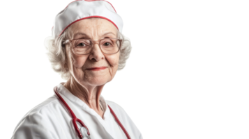An elderly woman in a vintage nurse's uniform stands confidently, showcasing the evolution of nursing attire throughout the years, ideal for historical health-related presentations or articles.. png