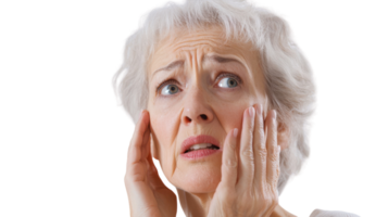 An Older Woman Expressing Concern While Touching Her Chin, Perfect for Emotional and Reflective Themes in Articles or Presentations. png