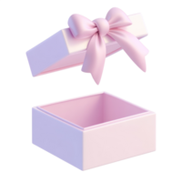 Open square gift box the lid with a bow levitates above 3D icon isolate png