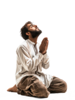 Man muslim brown skin praying on his knees in the ground with hands up to the sky in a 4 view, on a pure transparency background png