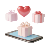 Three gift boxes floating around a symbol with a red heart speech bubble on top of a smartphone, white background png