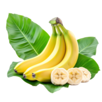 Fresh Banana with green leaves, clipping path isolate on transparency background png