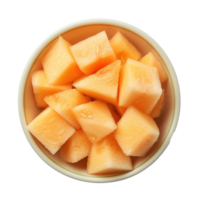 Cantaloupe melon chunks in a bowl top view isolate on transparency background png