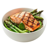 grilled salmon and asparagus in a bowl isolate on transparency background png