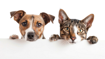 Dog and cat peeking over a blank white board isolate on transparency background png