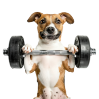 dog doing and exercising sport with Dumbbell bar, top view full body isolate on transparency background png