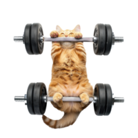 cat doing and exercising sport with Dumbbell bar, top view full body isolate on transparency background png