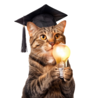 Cat full body wearing graduate cap and holding light bulb isolate on transparency background png