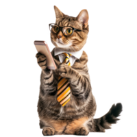 cat wearing glasses and tie using smart phone, full body standing isolate on transparency background, png