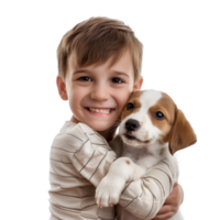 Smiling Little boy holding a Dog isolate on white background png