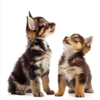Curious Kitten and Puppy standing looking up same direction isolate on transparency background png