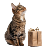 Cat smiling with gift box standing full body isolate on transparency background png