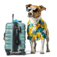 Dog wearing summer shirt with sunglasess standing near travel suitcase isolate on transparency background png