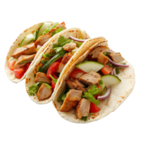 three tacos with chicken and vegetables on a transparency background png