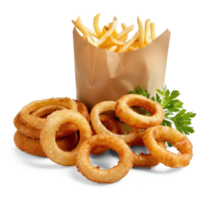 fries and onion rings in a paper bag on a transparency background png