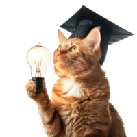 full body cat wearing graduate cap and holding light bulb isolate on transparency background png