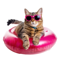 Smiling cat wearing sunglasses with inflatable float pool isolate on white background png