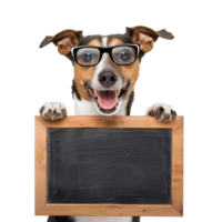 dog wearing glasses holding chalkboard isolate on white background, png