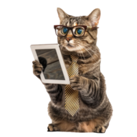 cat wearing glasses and tie using tablet, full body standing isolate on white background png