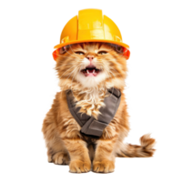 Smiling cat wearing construction helmet, full body isolate on white background png