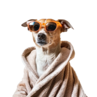 Dog relax and wearing a bathrobe and funny sunglasses isolate on white background png