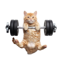 cat doing and exercising sport with Dumbbell bar, top view full body isolate on white background png