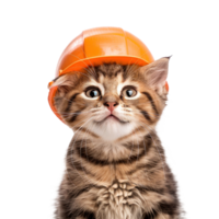 Smiling cat wearing construction helmet, full body isolate on white background png