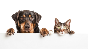 Smiling Dog and cat peeking over a blank white board isolate on white background png