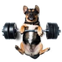 dog doing and exercising sport with Dumbbell bar, top view full body isolate on white background png