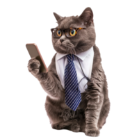 cat wearing glasses and tie using smart phone, full body standing isolate on white background, png