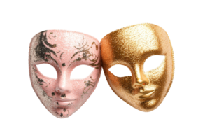 Glitter-covered masks isolated on white background artistic display studio environment close-up png