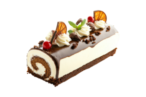 Yule log cake display isolated on white background food photography minimalist front view png